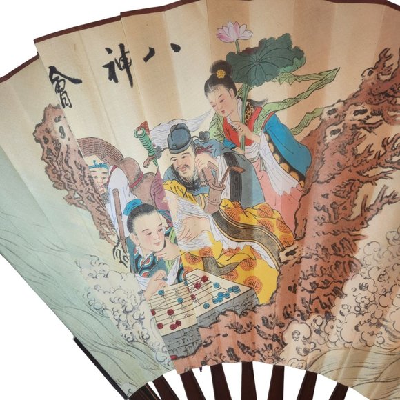 Japanese Folding Fan Ink Wash Pattern Silk 36" x 20" Spread - Picture 7 of 14